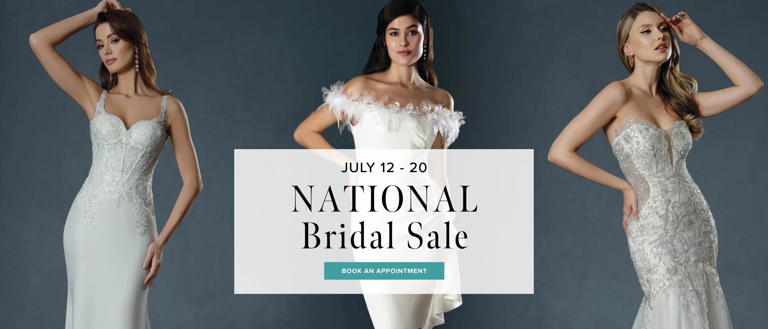 3 Models wearing bridal gown, National Bridal Sale desktop banner