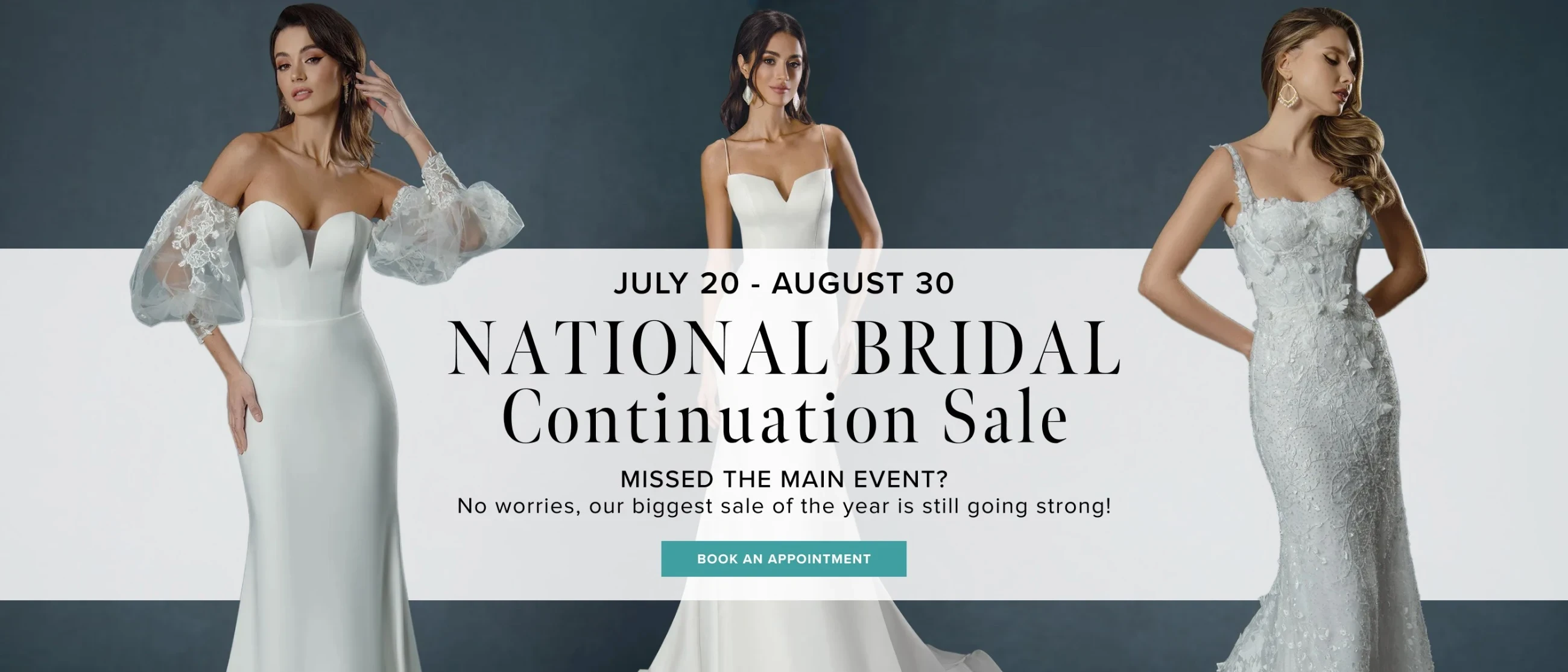 3 Models wearing bridal gown, National Bridal Continuation Sale desktop banner