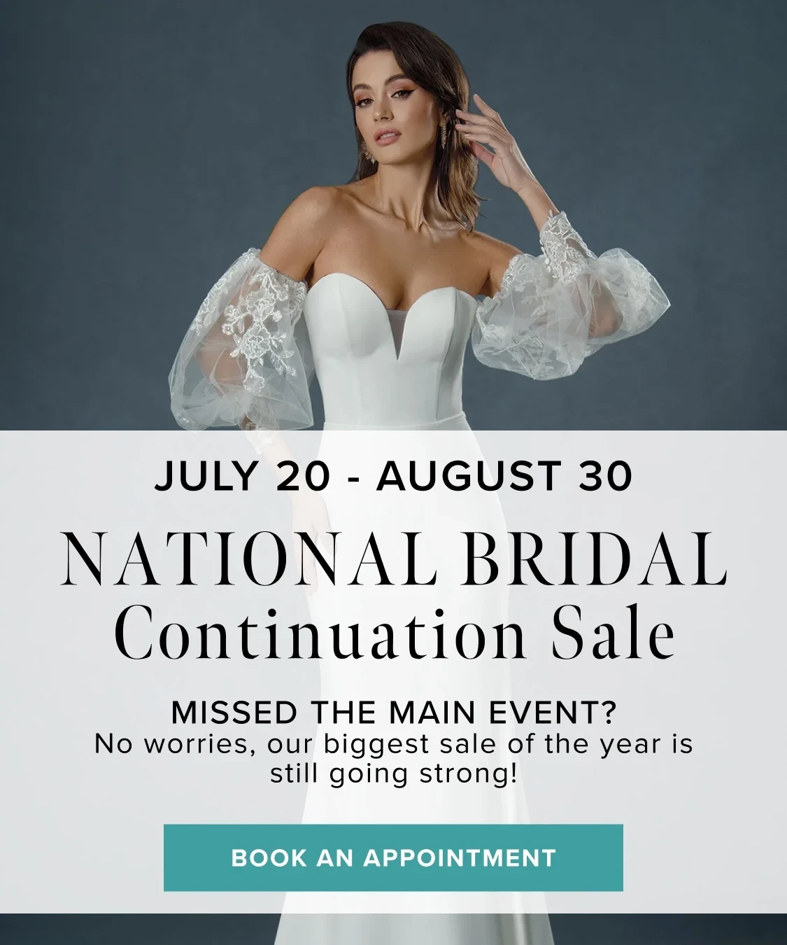 3 Models wearing bridal gown, National Bridal Continuation Sale mobile banner