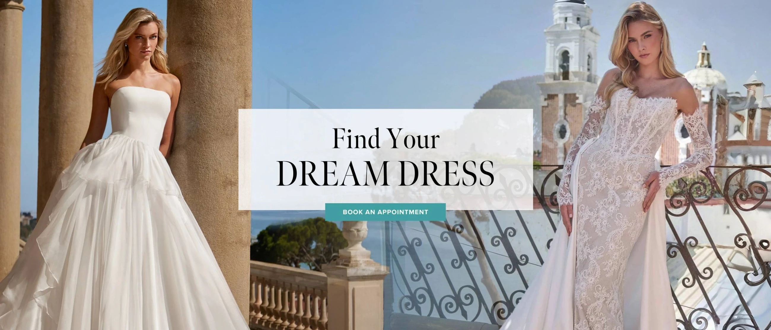 Models wearing bridal dresses, desktop banner