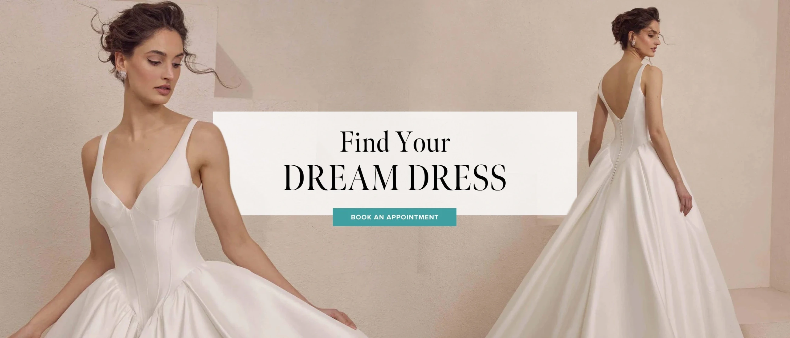 Model wearing Calla Blanche bridal gown, desktop banner
