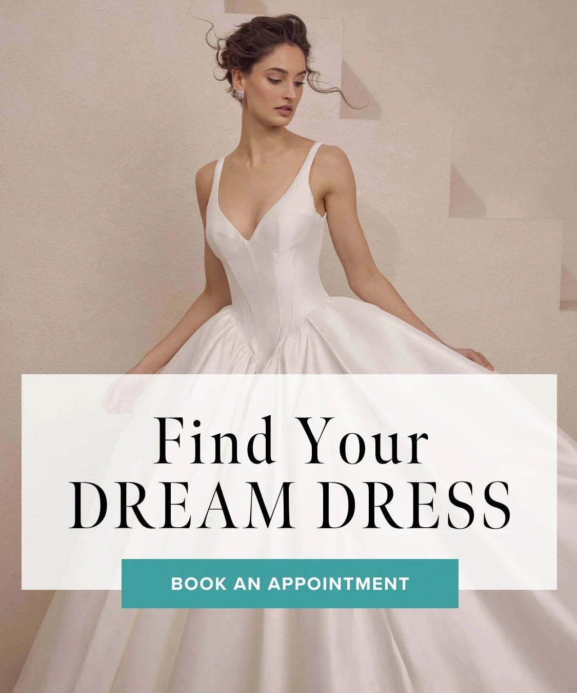 Model wearing Calla Blanche bridal gown, mobile banner