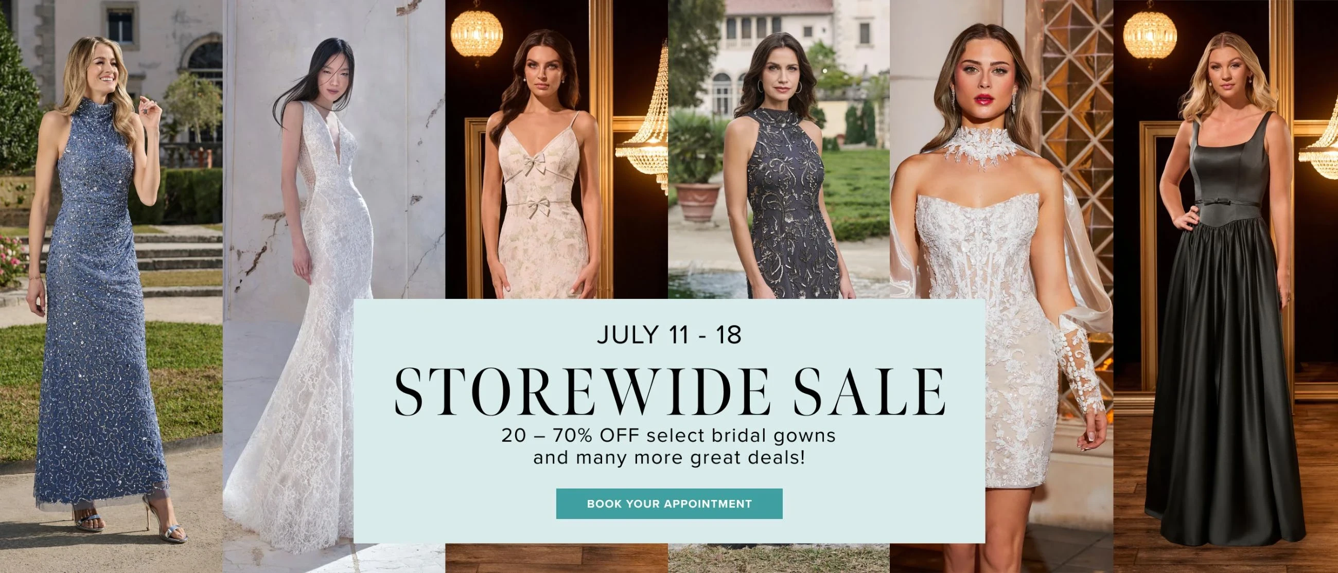Models wearing evening, bridal and formal dresses, Storewide Sale desktop banner