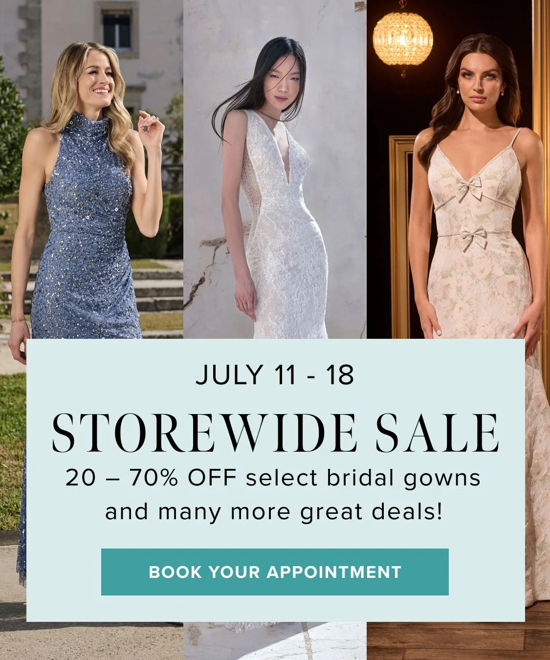 Models wearing evening, bridal and formal dresses, Storewide Sale mobile banner