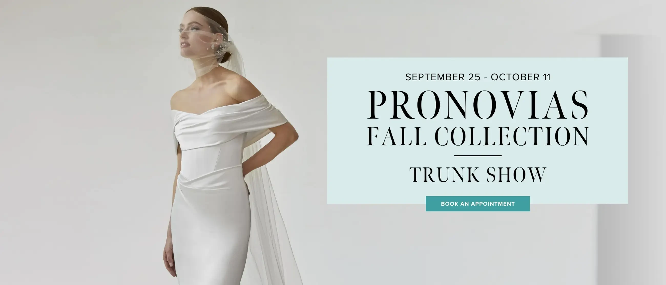 Model wearing Pronovias dress, trunk show desktop banner