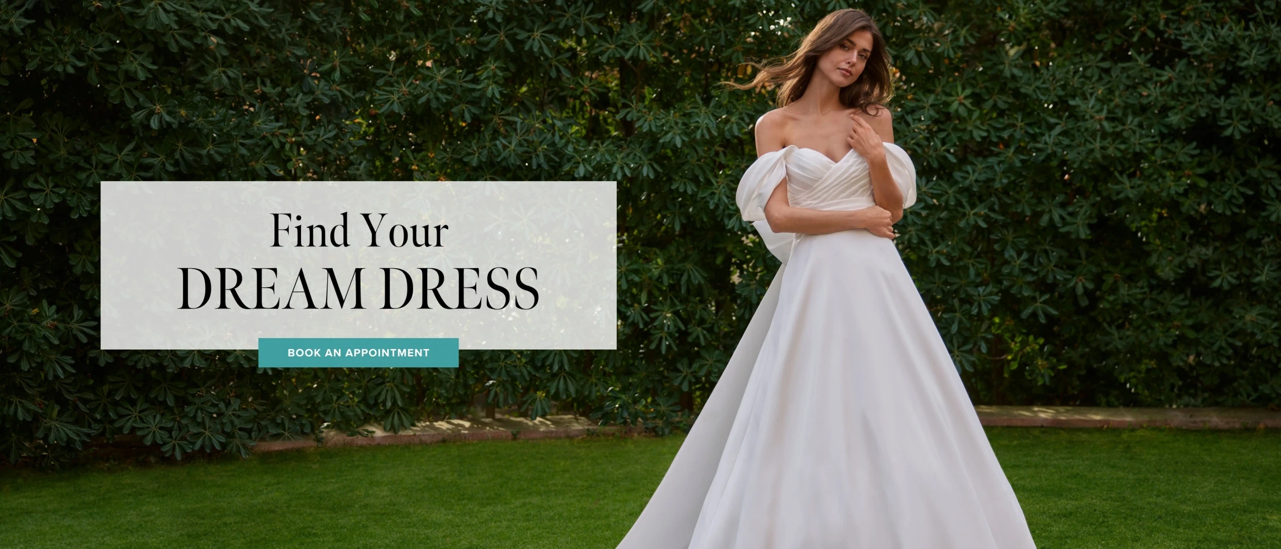 Model wearing bridal dress, find your dream dress desktop banner