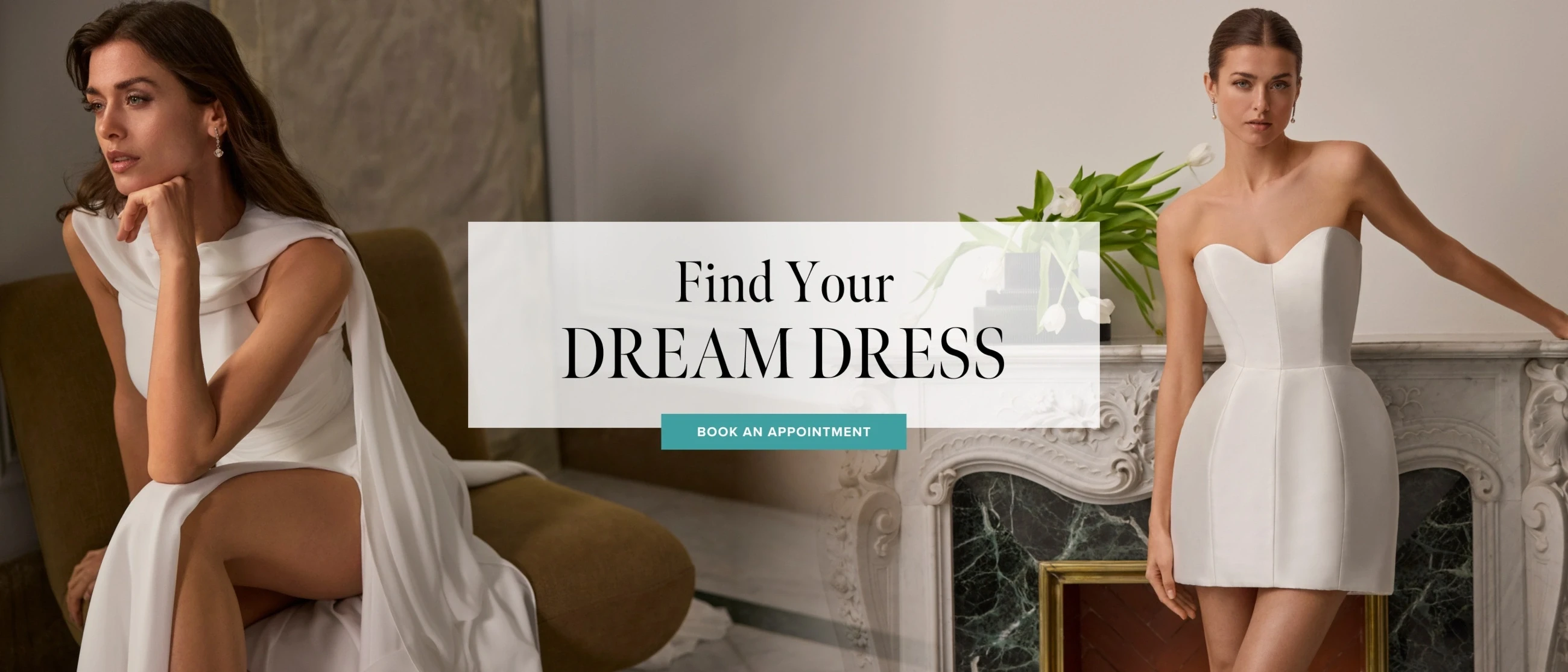 Models wearing bridal dresses, find your dream dress desktop banner