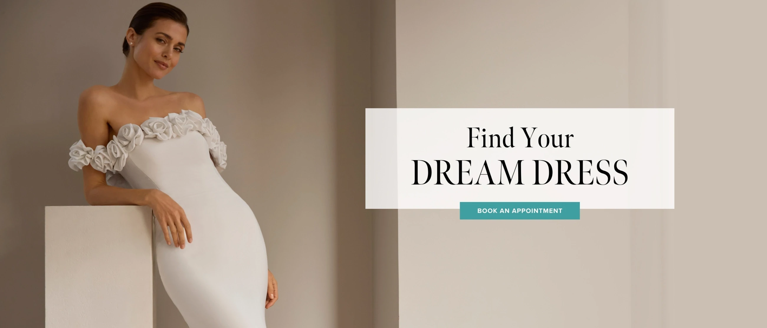 Model wearing bridal dress, find your dream dress desktop banner