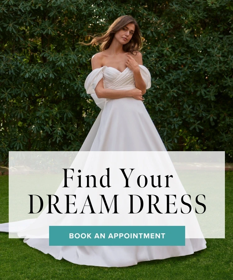 Model wearing bridal dress, find your dream dress mobile banner
