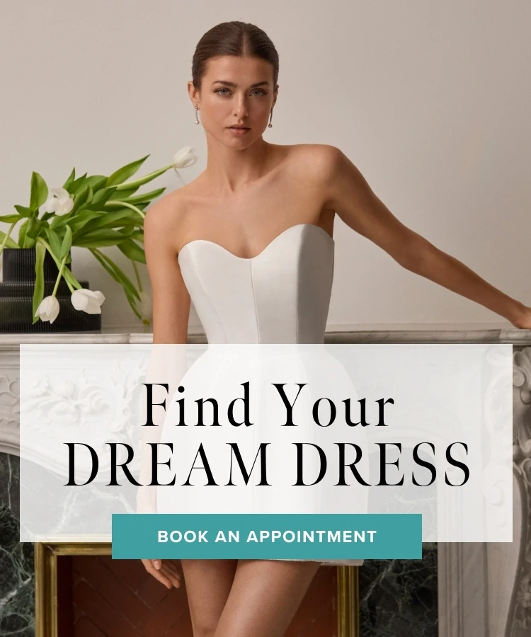 Model wearing bridal dress, find your dream dress mobile banner