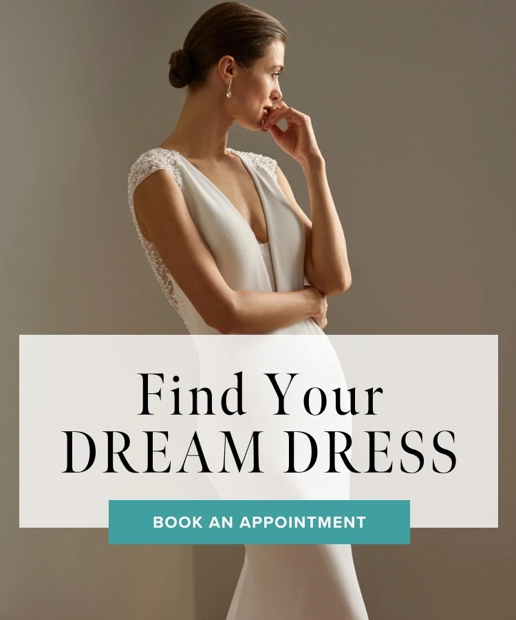 Model wearing bridal dress, find your dream dress mobile banner