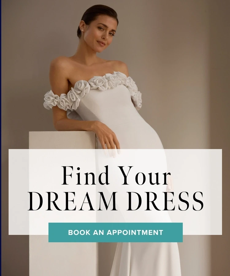 Model wearing bridal dress, find your dream dress mobile banner