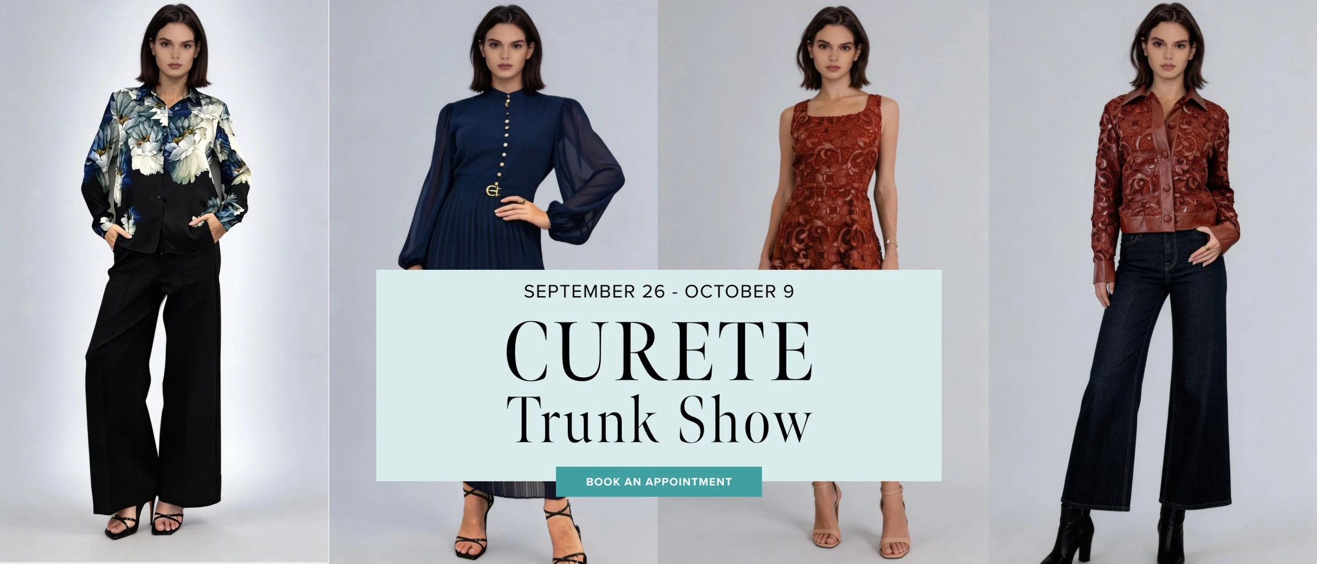 Models wearing Curete daywear clothes, Curete Trunk Show desktop banner